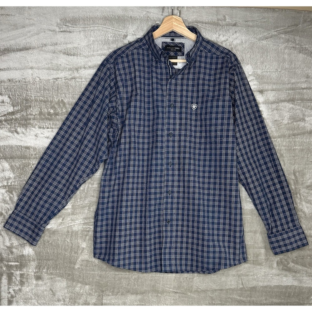 Ariat Pro Series Men's Small Navy/White Plaid Long Sleeve Western Shirt